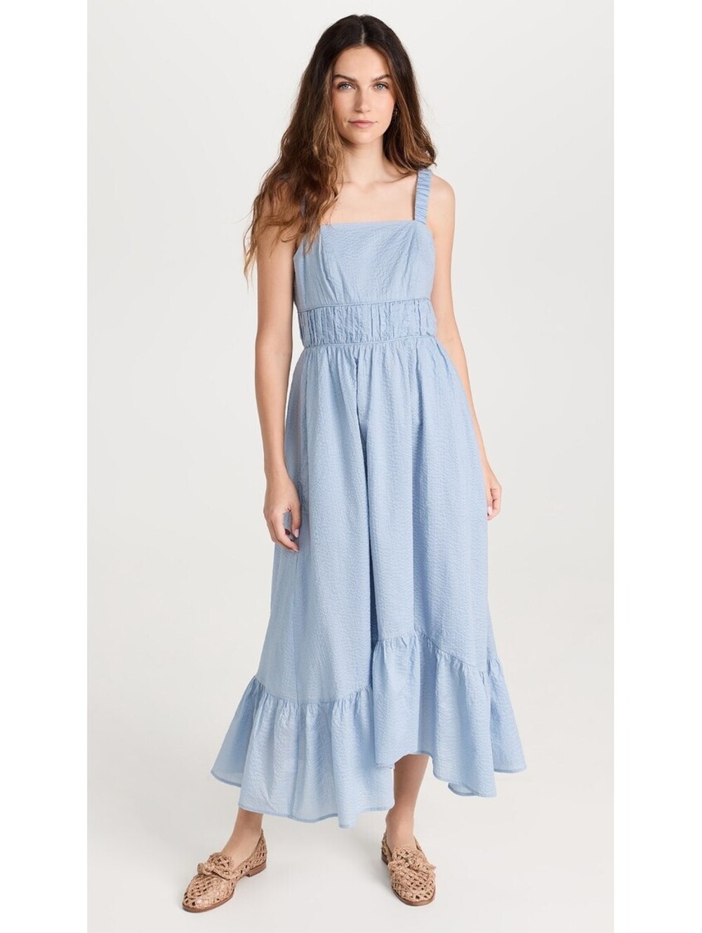 AYR The Happy Hour Dress Blue Seersucker Midi Dress Women’s Size M